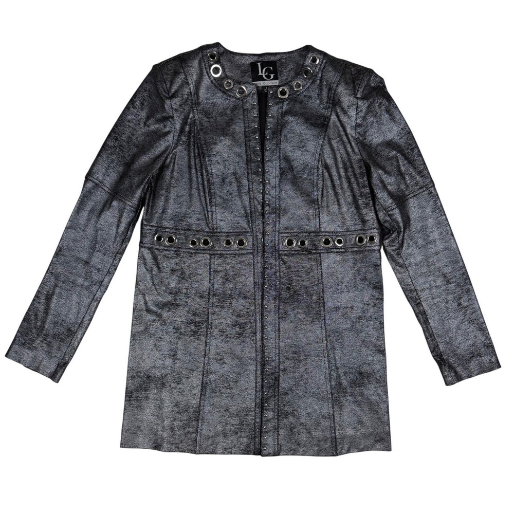 Lena Gabrielle Womens Metallic Silver Grommet Studded Open Front Jacket Size 6